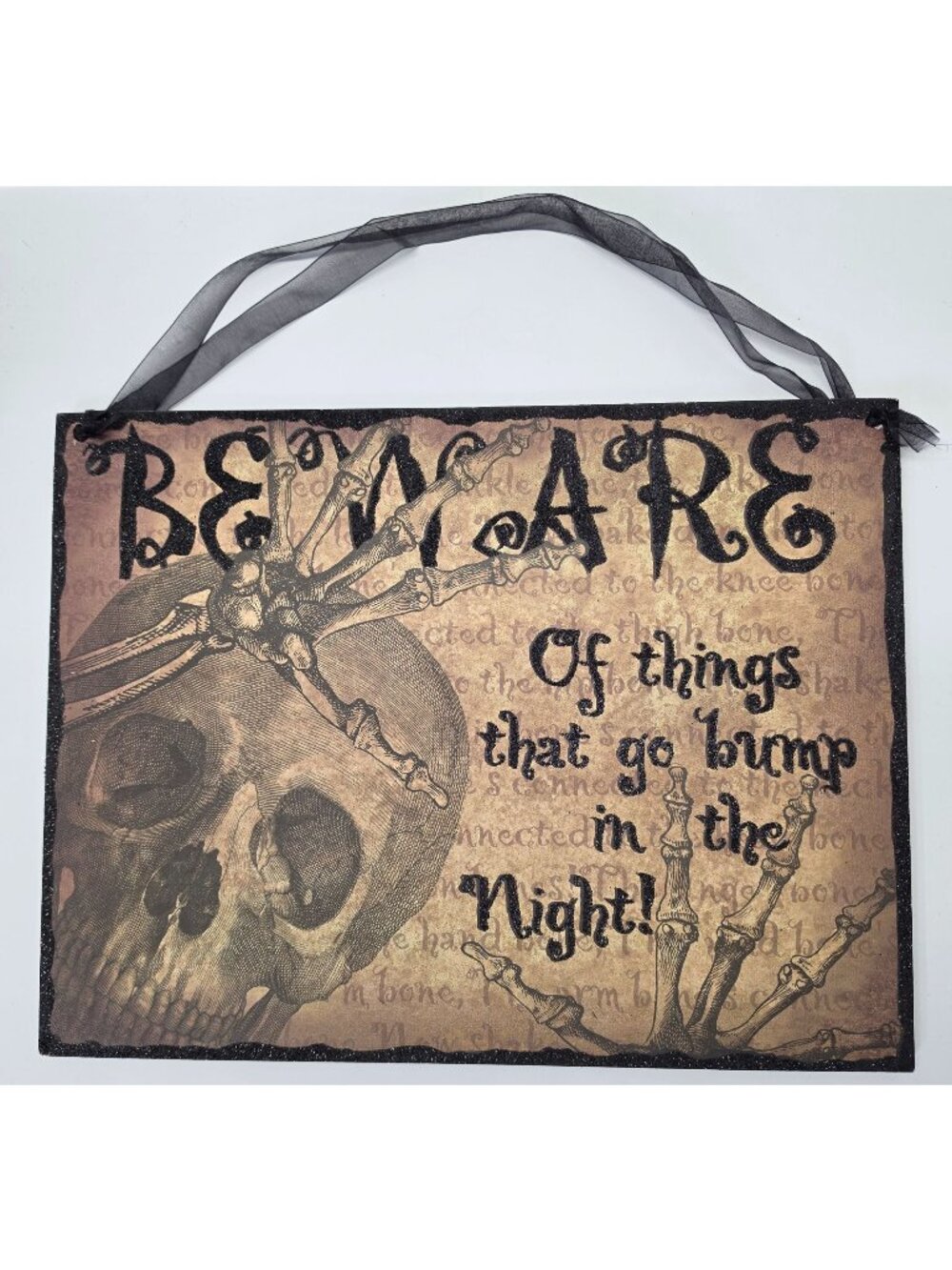 Halloween Beware Sign Skull Skeleton Gothic Wall Hanging Plaque 17"